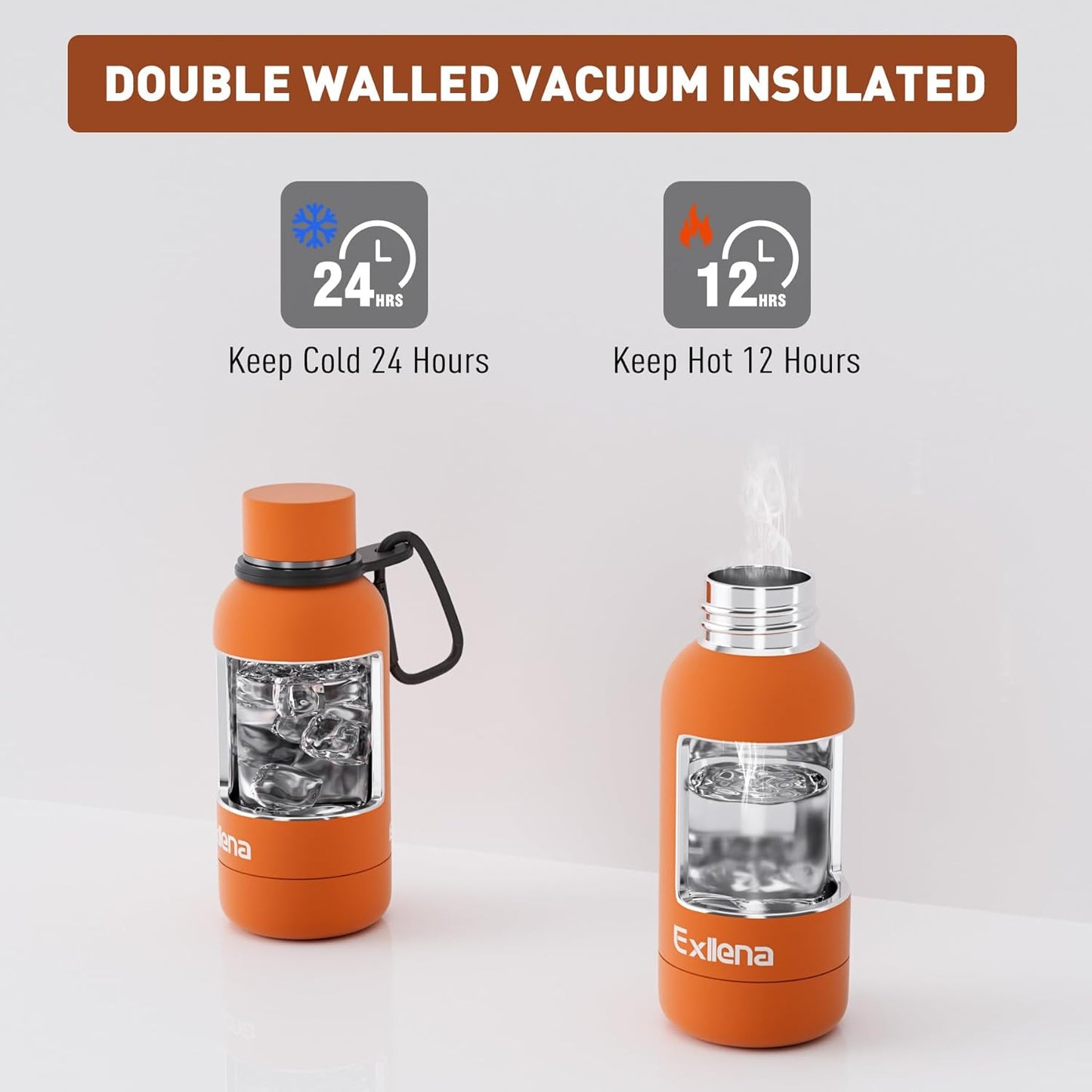 Small Water Bottle 12oz with Clip, Double Wall Stainless Steel Vacuum Small Insulated Water Bottle Keeps Drinks Cold 24 Hrs/Hot 12 Hrs for Kids Handbag School BPA Free (Bright Orange)