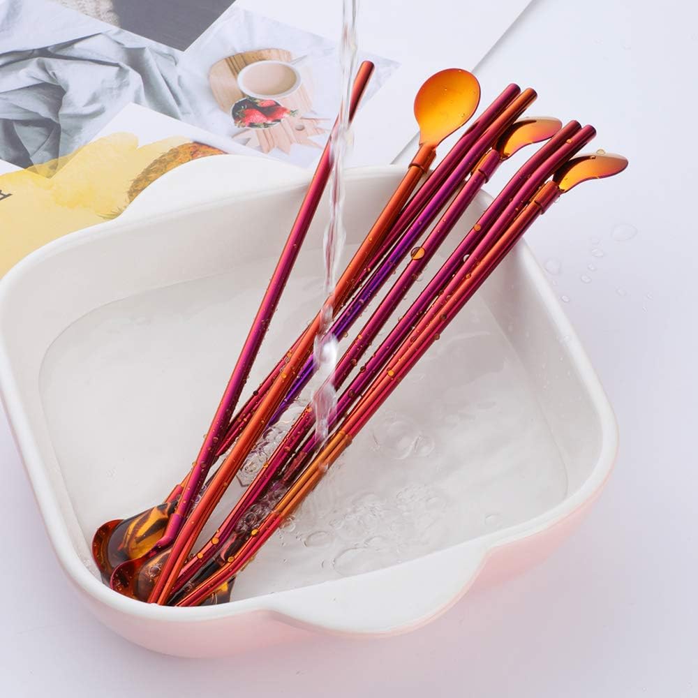 Straw Spoon, 8PCS 8.5inch Orange Red 18/8(304) Stainless Steel Metal Straws Reusable + 2 Brushes