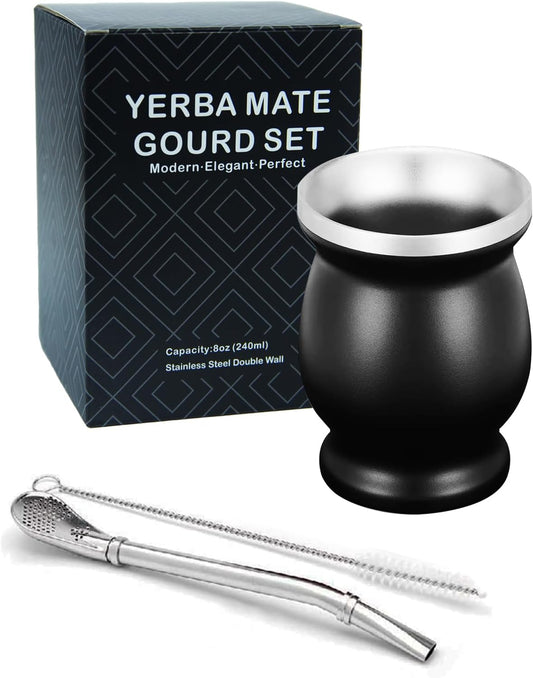 LA FEE Yerba Mate Natural Gourd/Tea Cup Set Brown (Original Traditional Mate Cup - 8 Ounces)，Includes Yerba Mate Straw & Cleaning Brush，Stainless Steel | Double-Walled | Easy to Clean (Black)