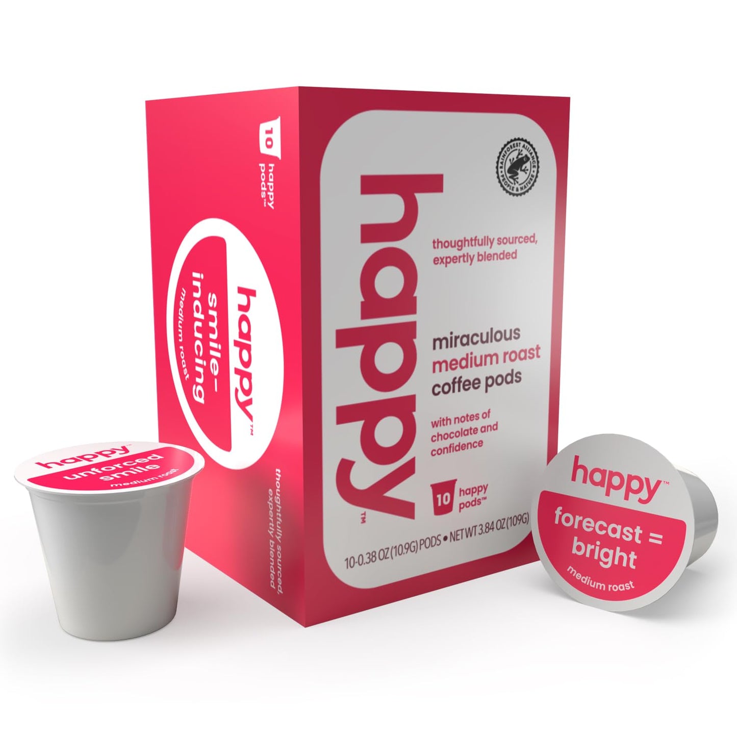 happy coffee medium roast coffee pods, 10 count, notes of chocolate & confidence, compatible with most K-cup brewers, rainforest alliance certified