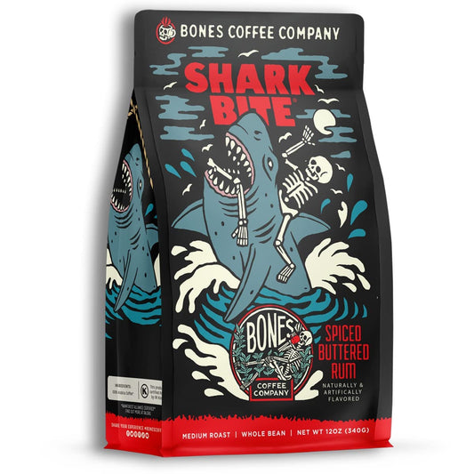 Bones Coffee Company Shark Bite, Buttered Rum Flavored Coffee, Medium Roast Low Acid Arabica Beans Compatible with Auto drip and French Press Coffee Maker, 12 Oz Whole Bean