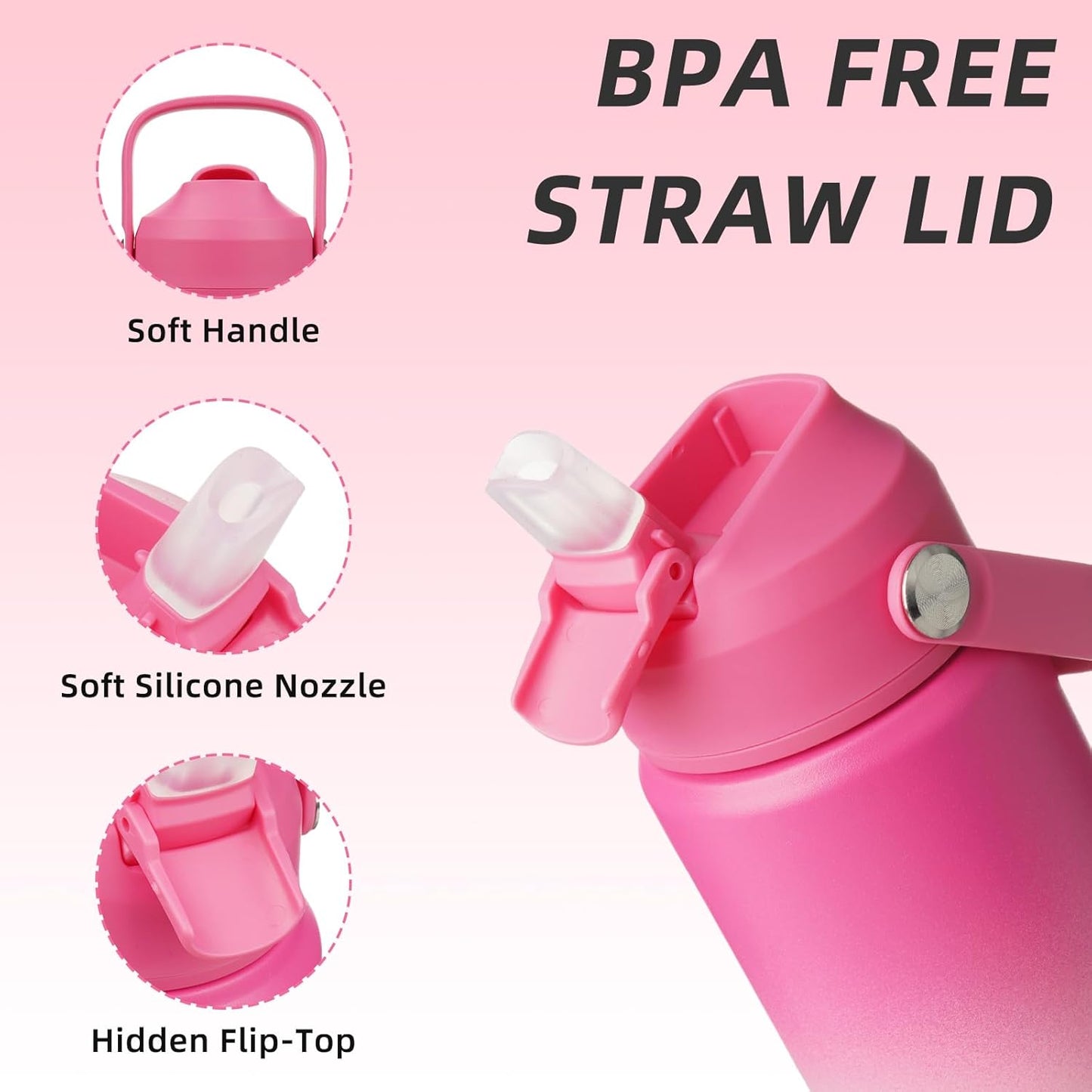 BJPKPK Insulated Water Bottle with Straw Lid, 18oz Thermos Water Bottles with Soft Nozzle, Flex Handle & Non-slip Boot, BPA Free Leak Proof Stainless Steel Metal Thermos, Tumblers, Cups,Cherry