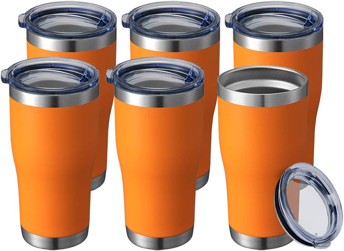 HASLE OUTFITTERS 20 oz Tumbler Bulk, Stainless Steel Tumblers with Lid, Vacuum Insulated Tumbler, Double Wall Powder Coated Cup, coffee mugs, Orange, 6 Pack