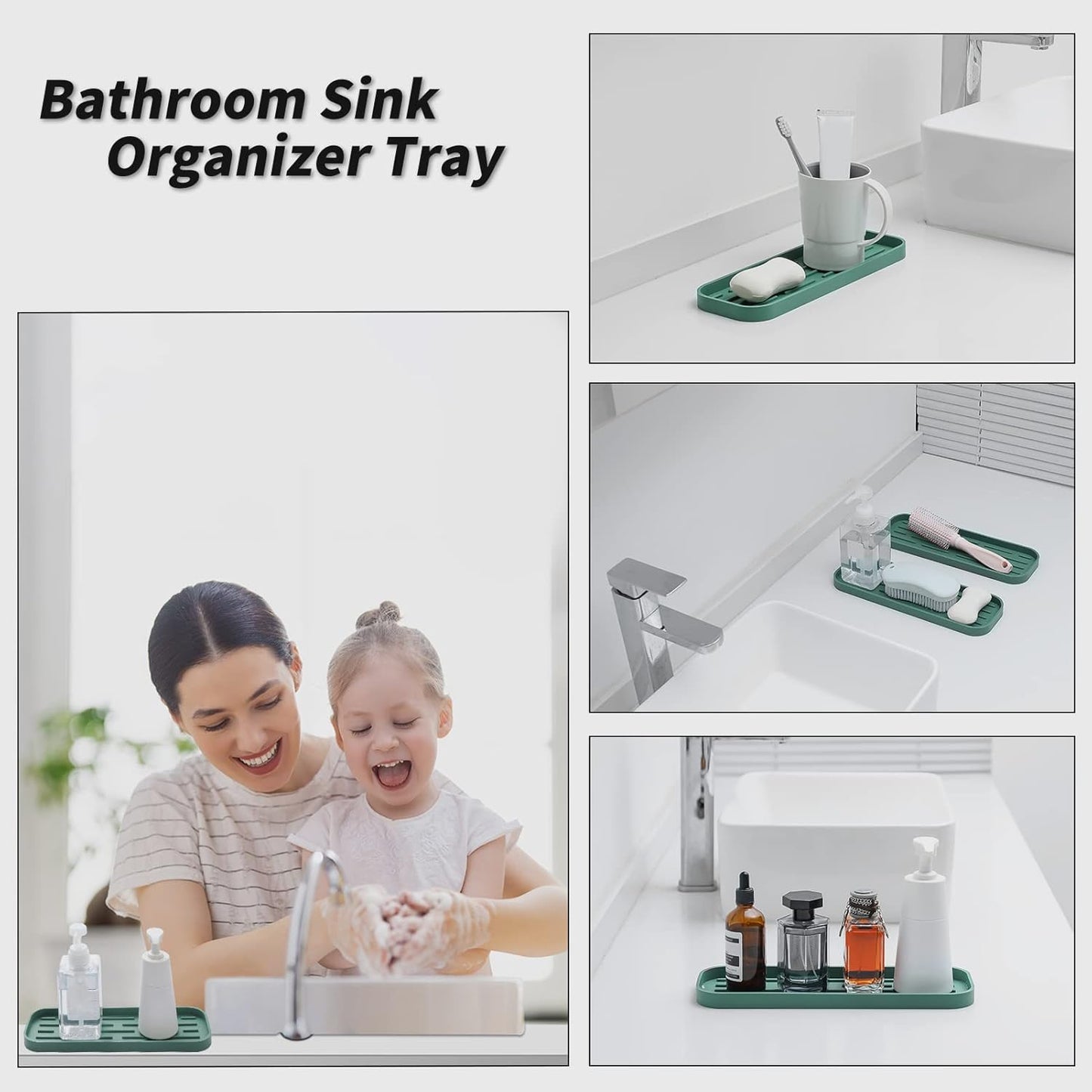Silicone Kitchen Sink Organizer Tray for Multiple Usage,Eco-Friendly Sponges Holder for Kitchen Bathroom Counter or Sink,Dish Soap Dispenser,Scrubber,Bottle,Cup (Green, 12"×4")