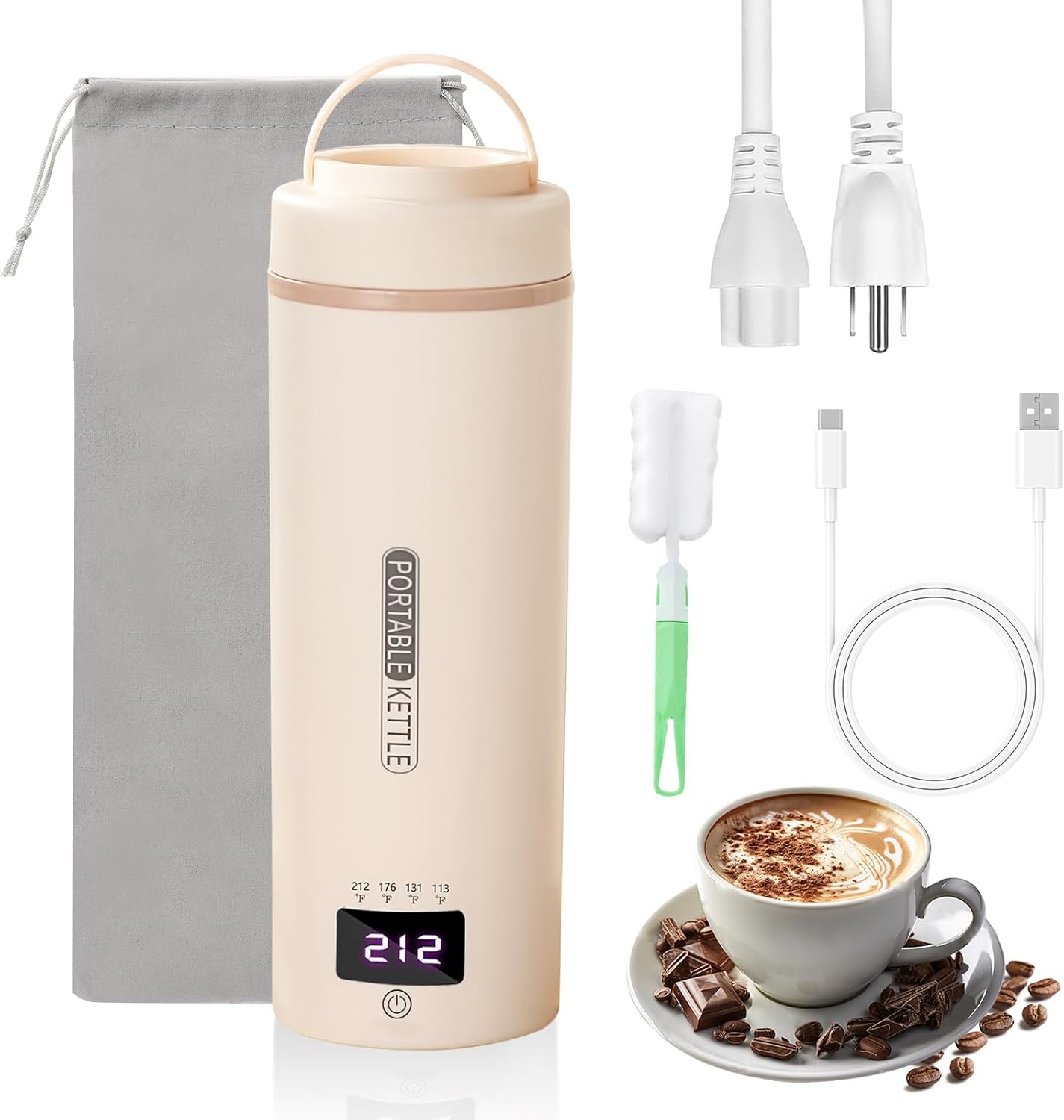 Travel Mini Kettle Portable Electric Kettle with Plug-in Boiling & Keeps Warm via USB, Small Water Boiler with 4 Temperature Settings, 304 Stainless Steel with Auto Shut-off 16oz(Beige)