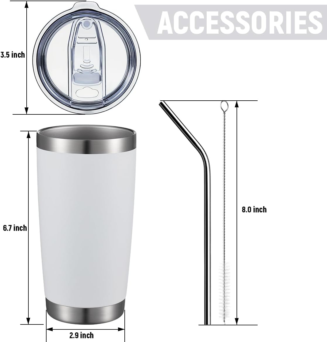 COMOOO 20oz White Tumbler Double Wall Vacuum Insulated Coffee Travel Mug Stainless Steel Tumbler Bulk with Lid and Straw Powder Coated Insulated Coffee Cup for Cold & Hot Drinks (White, 6 Pack)