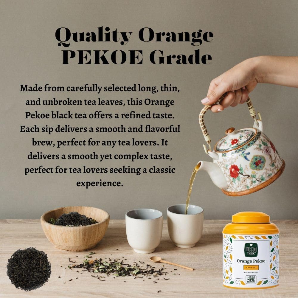 McCoy Teas Orange Pekoe Black Tea Loose Leaf Tea with Rich Smooth and Aromatic Brew Make Hot or Cold Ice and Brews with Premium Tea from Sri Lanka, 100g Can (Pack of 01)