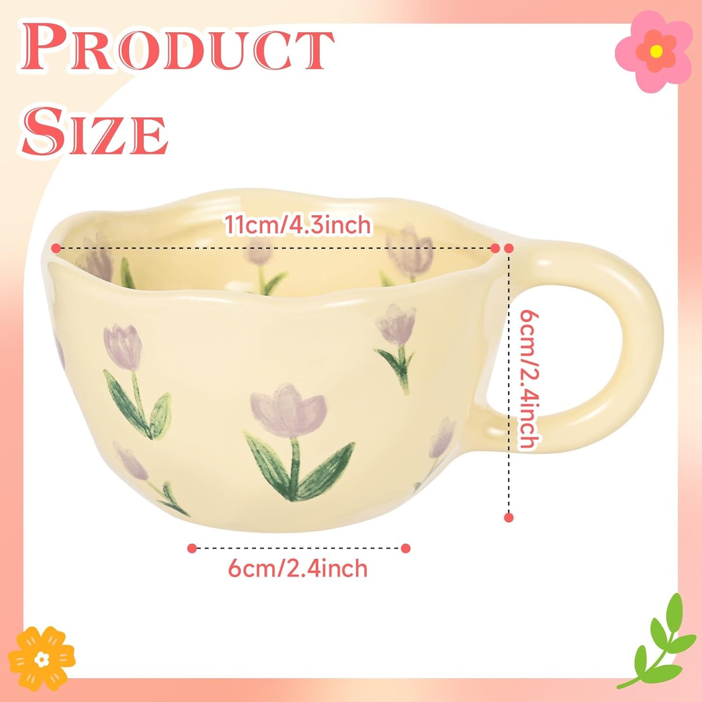 Ceramic Coffee Mug Vintage Flower Mugs 8 oz Cute Floral Coffee Mugs Irregular Latte Art Cup Lead-free Porcelain Cups for Cappuccino, Cocoa (Purple Tulips)
