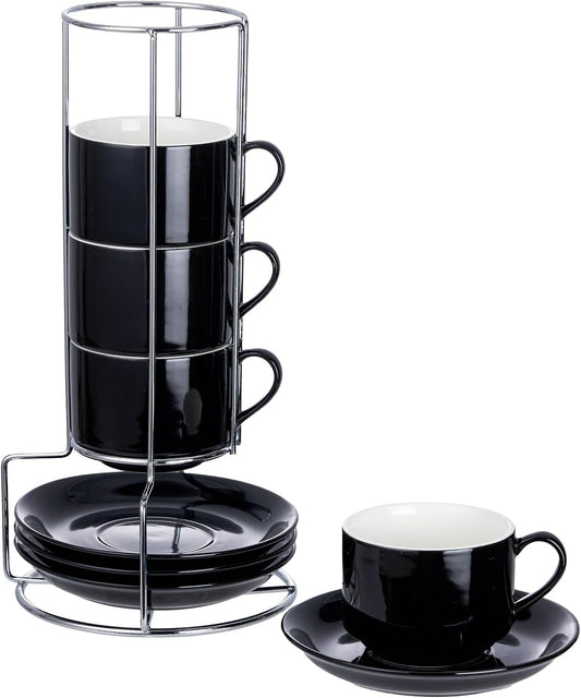 8 Ounce Porcelain Cappuccino Cups with Saucers and Silver Stand, Black Cups Set of 4