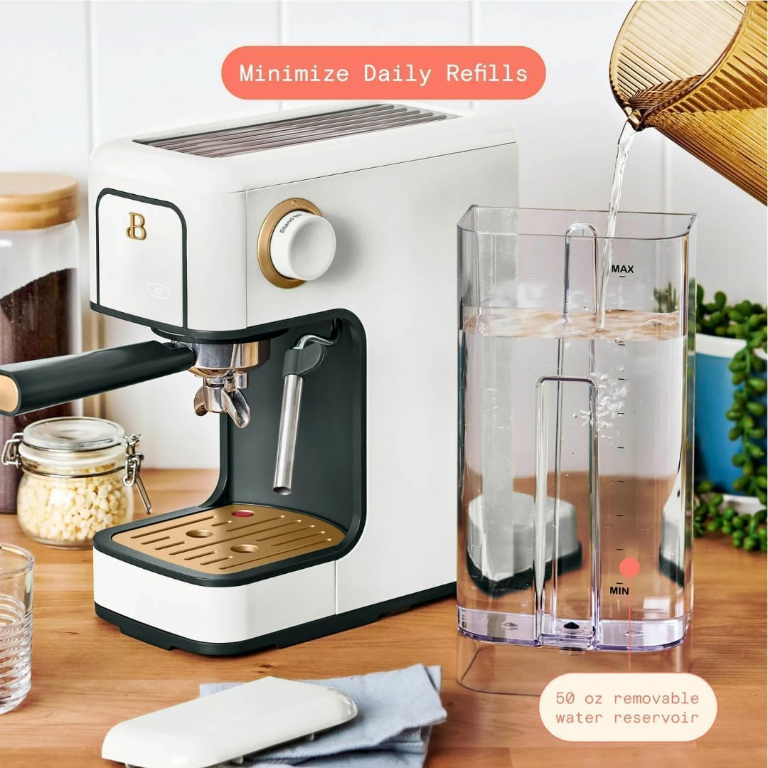 Beautiful Slim Espresso Maker by Drew Barrymore – 20‑Bar Pressure, Dual‑Spout 52 mm Portafilter, 50 oz Removable Tank, 2‑in‑1 Steam Wand & Touch Controls (White Icing)