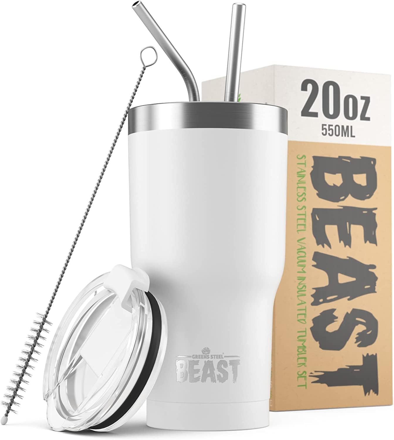 Beast 20 oz Tumbler Stainless Steel Vacuum Insulated Coffee Ice Cup Double Wall Travel Flask (Arctic White)