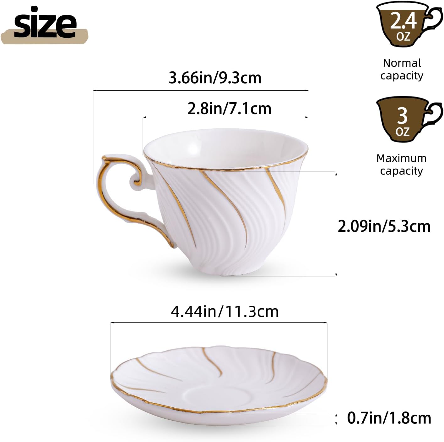 Ceramic Mini Espresso Cups Set of 4,3oz Espresso Mugs with Saucer,Porcelain Coffee Mugs Demitasse Cups, Modern Style cups for Latte, Cafe Mocha(4, White with gold thread)