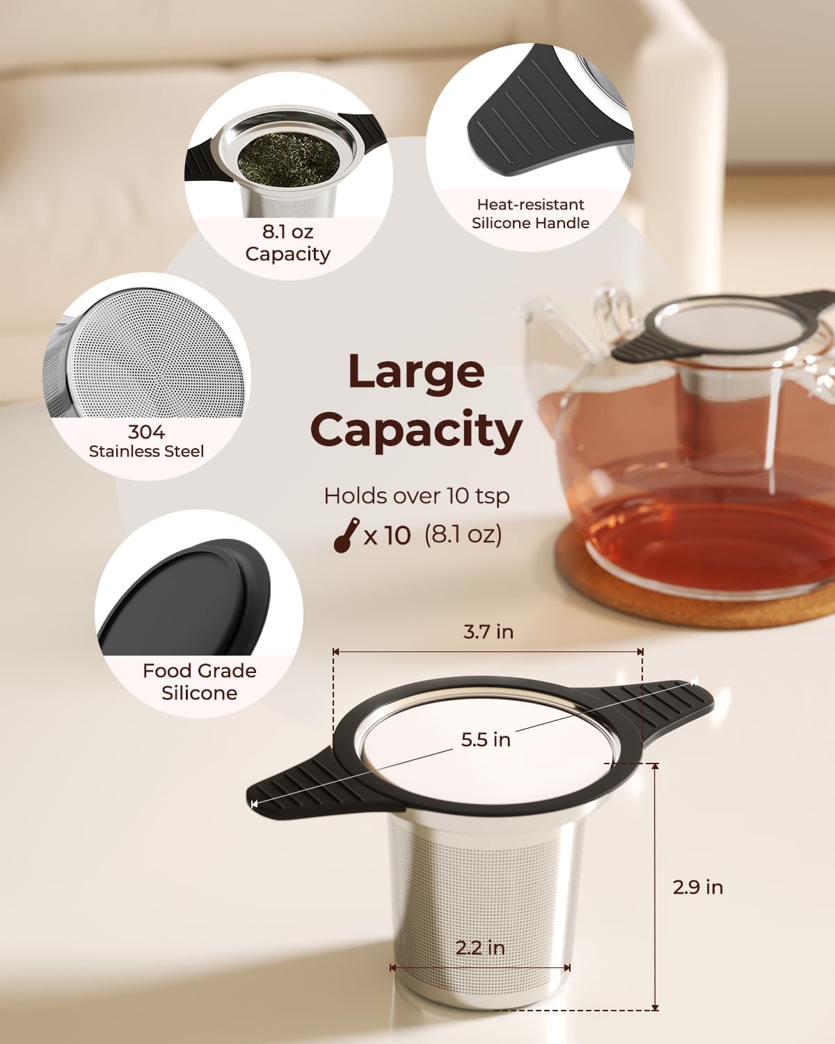 Reinmoson 2 Pack Large Tea Strainers& Filters for Loose Tea Single Cup, 304 Stainless Steel and Food Grade Silicone Extra Fine Mesh Tea Infusers