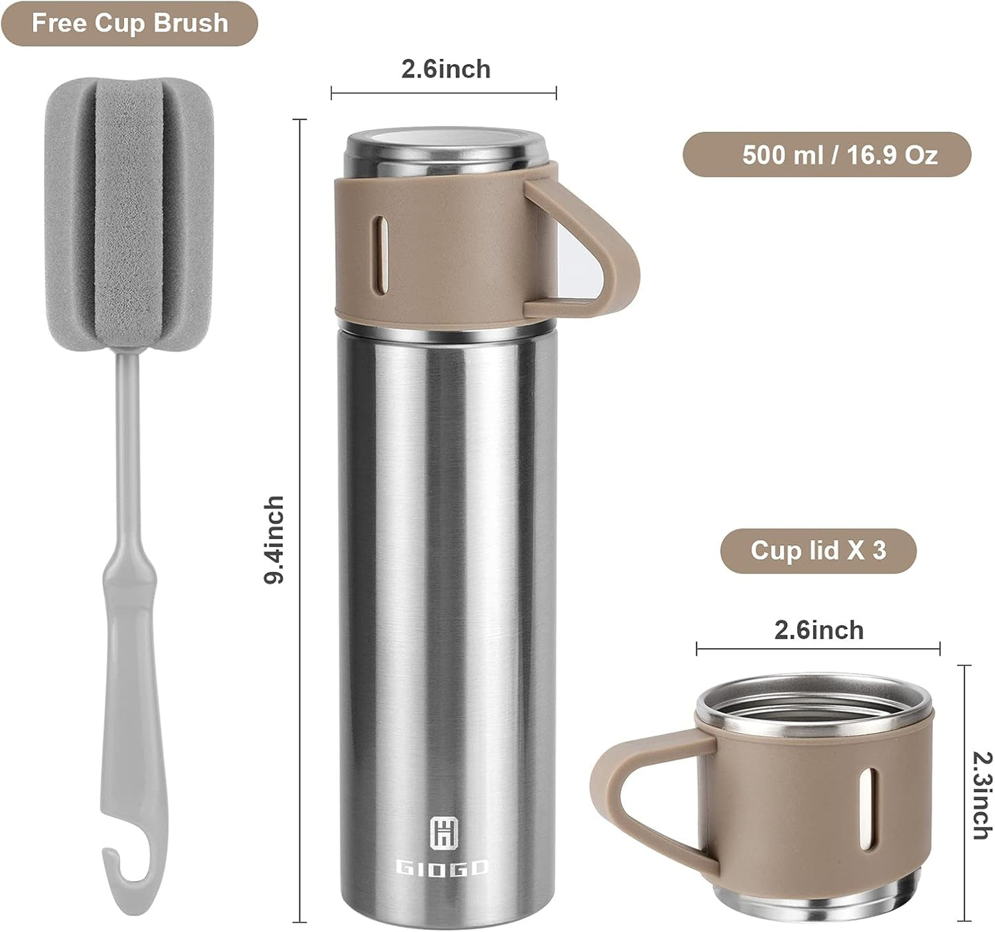 Stainless Steel Thermo 500ml/16.9oz Vacuum Insulated Bottle with Cup for Coffee Hot drink and Cold drink water flask.(Brown,Single)
