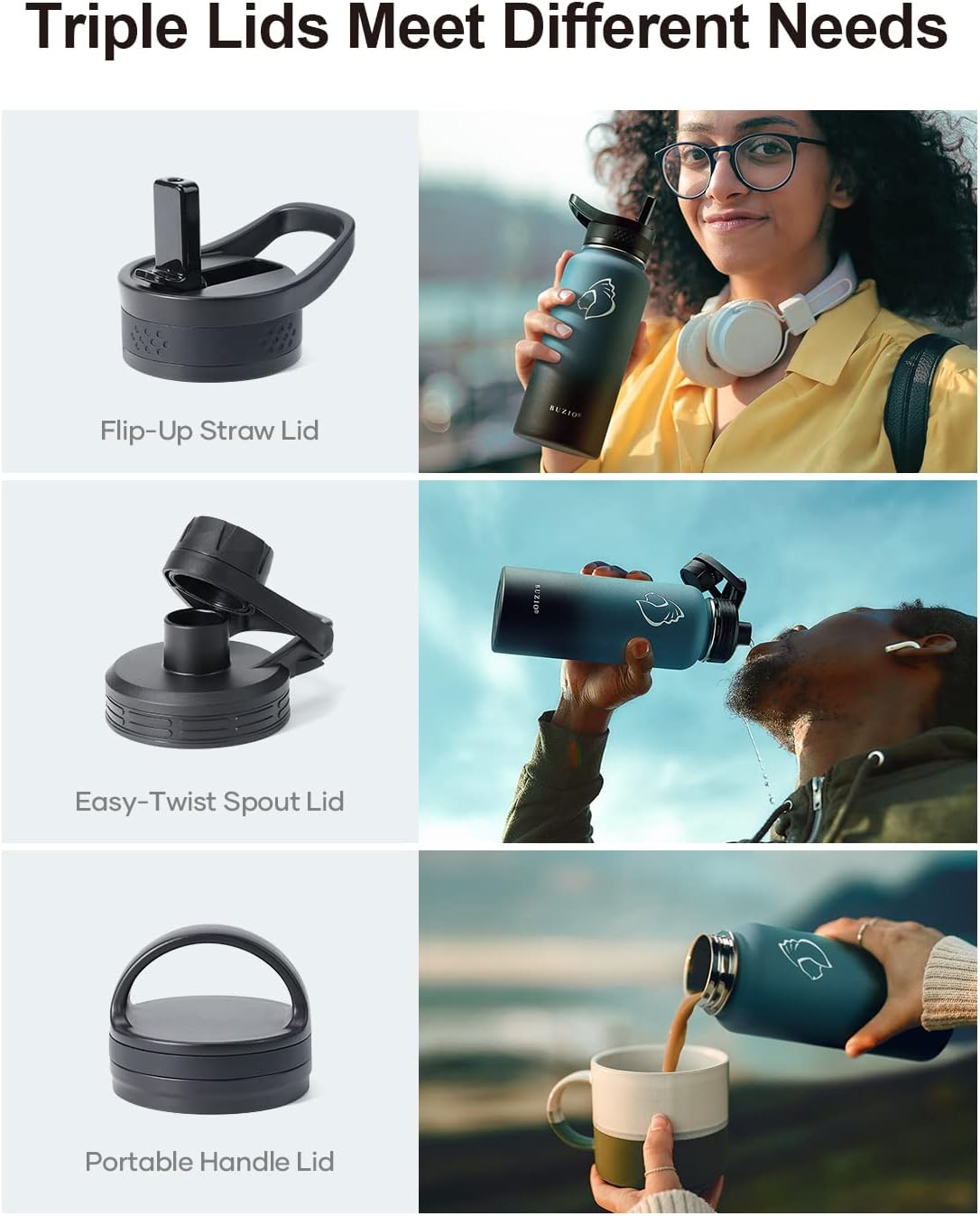 BUZIO 32 oz Water Bottle Insulated with Straw & 3 lid and Carrying Pouch, Leak Proof Anti-Slip Stainless Steel Water Flask Jug, Cold for 48 Hrs Double Vacuum Thermo Canteen, BPA-Free, Indigo Crush