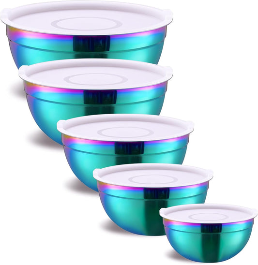 Rainbow Mixing Bowls With Airtight Lids,Stainless Steel Bowl,Salad Bowls 5 Piece Colorful Nesting Bowl Rainbow Kitchen Accessories,Size 5.5,3.6,2.7,2.1,1.5,QT Stackable Design