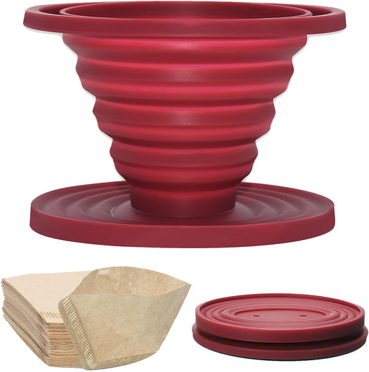 Collapsible Pour Over Coffee Dripper Set - Silicone Reusable Cone Filter Holders with 100Pcs Paper Filters - For Home, Camping, Travel, Office (1, Red)