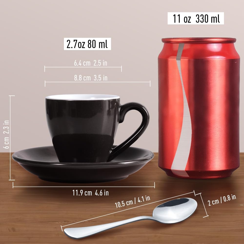 homEdge Porcelain Espresso Shot Cup Set with Saucers and Stainless Steel Spoons - 80 ml / 2.67 oz, Set of 4, Black