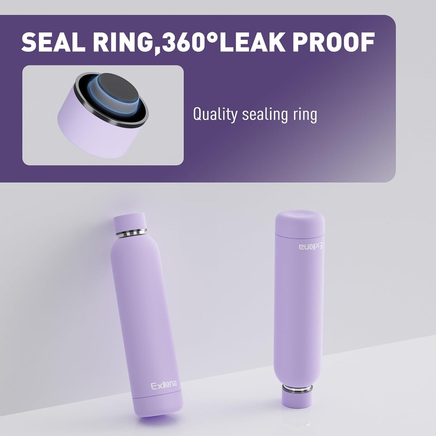 Slim Insulated Water Bottles for Travel 25oz with Clip, Double Wall Vacuum Stainless Steel Water Bottle Keeps Drinks Cold 24 Hrs/Hot 12 Hrs, 100% Leakproof, BPA Free(Purple)