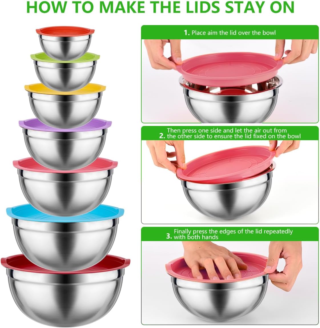 Mixing Bowls with Lids for Kitchen - 26 PCS Stainless Steel Nesting Colorful Mixing Bowls Set for Baking,Mixing,Serving & Prepping,Size 5, 3.7, 2.8, 2.3, 1.7, 1.1, 0.7QT,11 Cooking Utensils