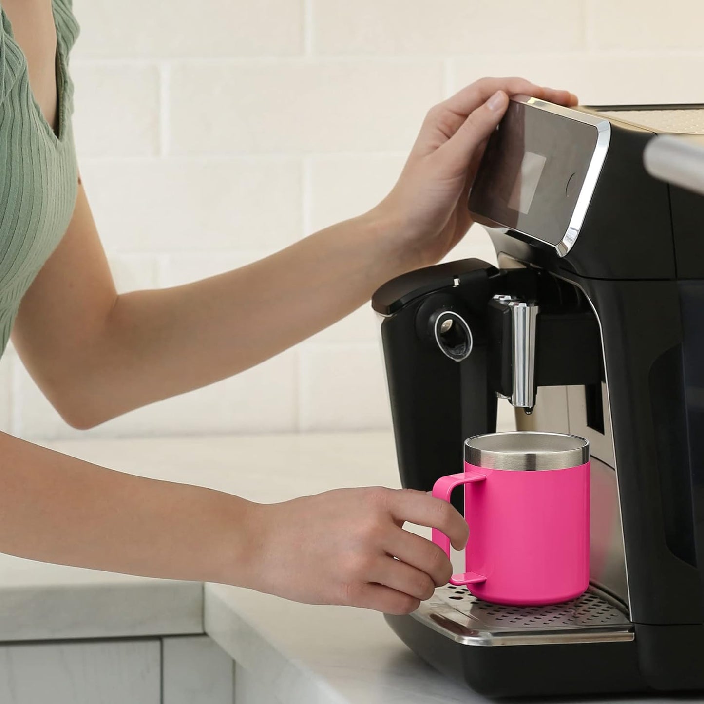 ALOUFEA 12oz Insulated Coffee Mug Cup with Handle, Stainless Steel Travel Coffee Mug with Flip Lid, Double Wall Vacuum Coffee Tumbler,Blush