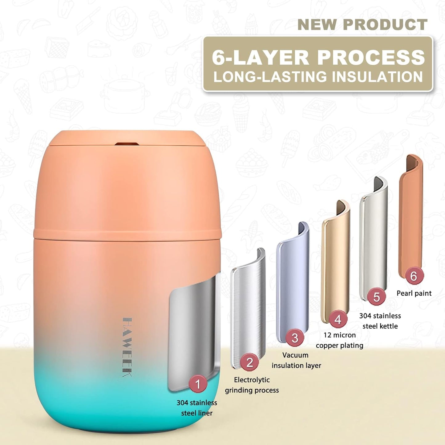 Insulated Food Container 17 oz Soup Thermo for Hot Food Adults, Stainless Steel Vacuum Lunch Box with Folding Spoon, Adult Kids Thermo Portable with Handle for School, Office, Outdoor