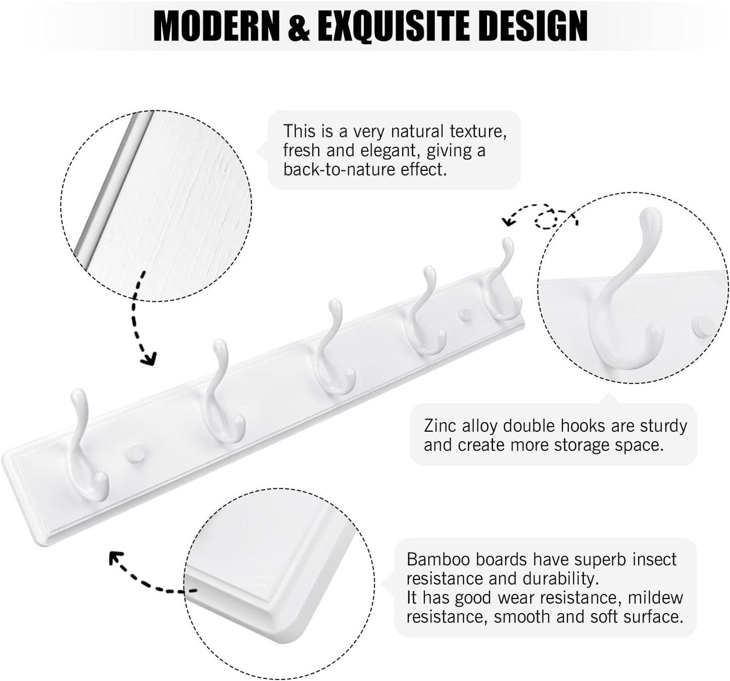 Wooden Coat Rack, Wall-Mounted Organizer for Closet, Entryway, Hallway, Foyer, Bedroom, Heavy Duty Double Hooks for Hanging Towels, Bags, Hats, Jackets, Key (White, 5 Hooks)