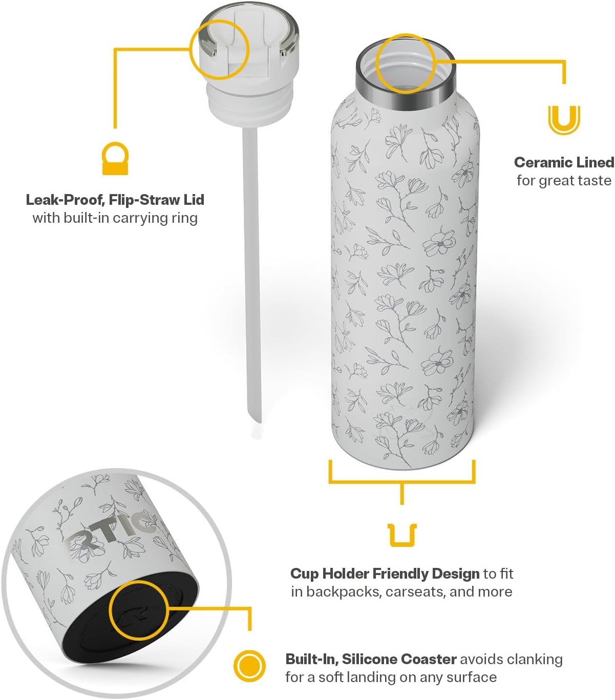 RTIC 20oz Journey Bottle Metal Stainless Steel Vacuum Insulated, BPA Free, Reusable, for Water, Hot and Cold Drinks, Travel, Sports, Camping, White Magnolias