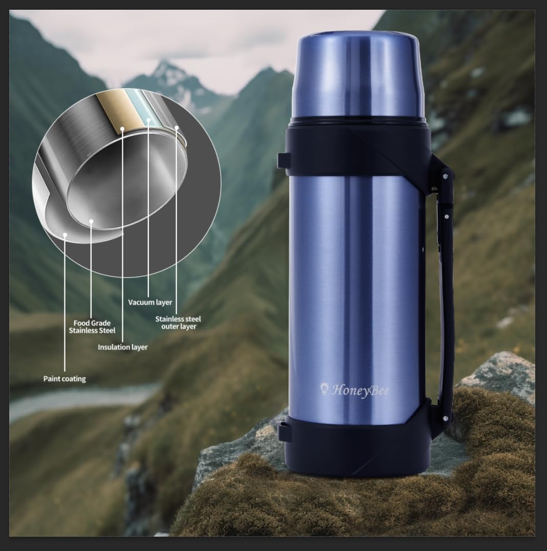 HoneyBee Insulated Water Bottle 68 Ounce Thermos For Hot & Cold Drink, 18/8 Stainless Steel Vacuum Insulation BPA Free, Travel Keep Liquid Hot For 24 Hours (Sapphire Blue)…