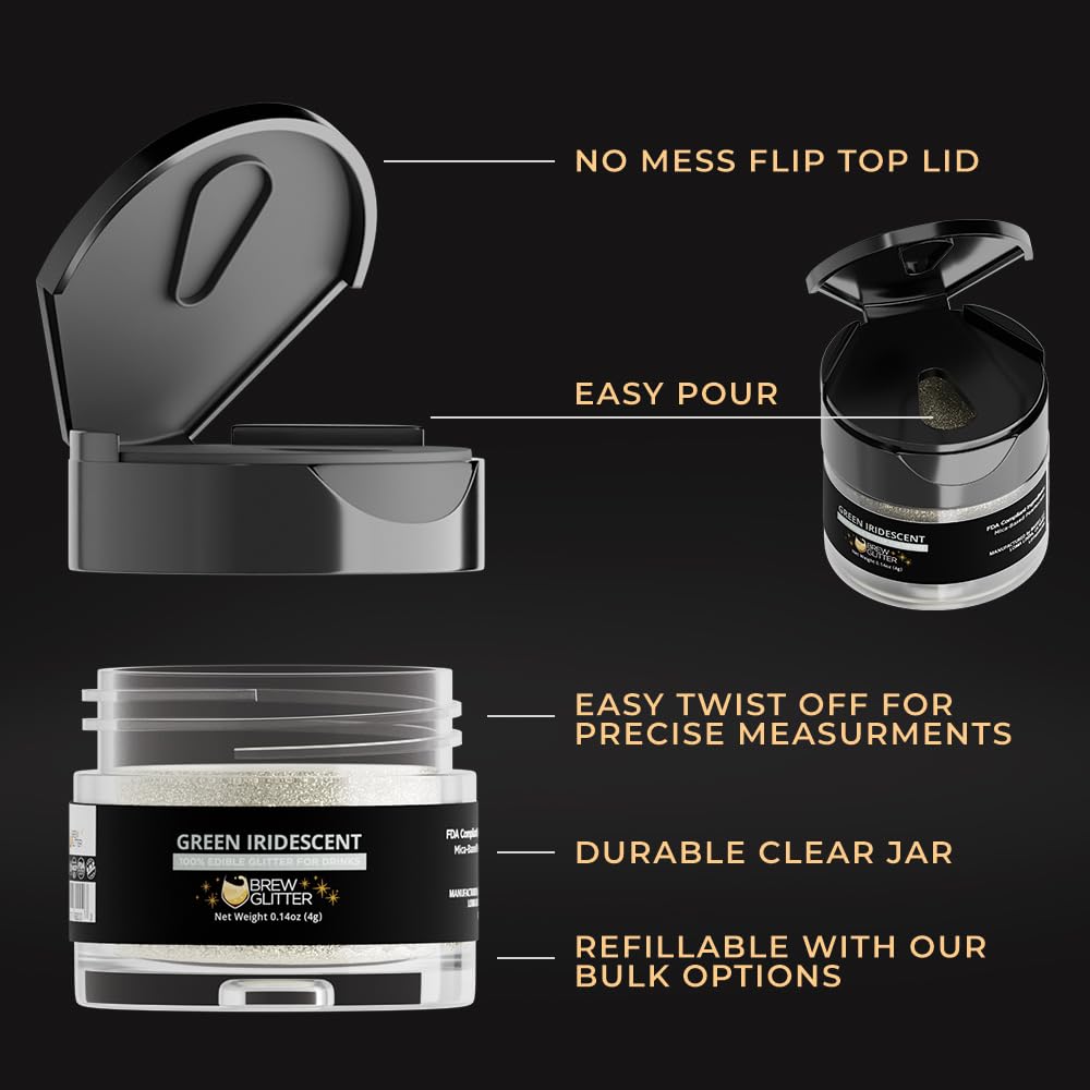 Brew Glitter Iridescent Green Edible Drink Glitter 1x 4g Jar for Cocktails, Beer, & Beverages