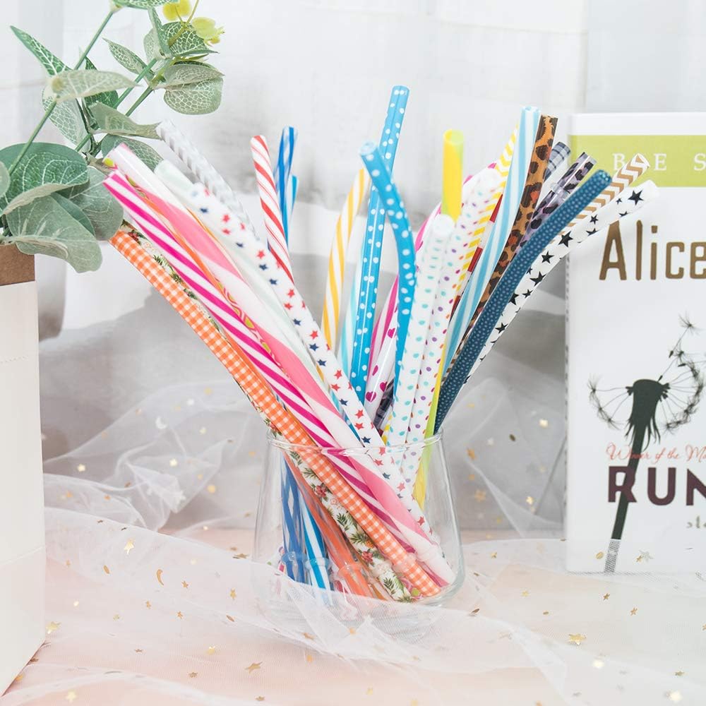 50 Pack Bent Reusable Straws, BPA-Free, 9" Colorful Hard Plastic Stripe Drinking Straw for Mason Jar Tumbler, Family or Party Use With Cleaning Brush