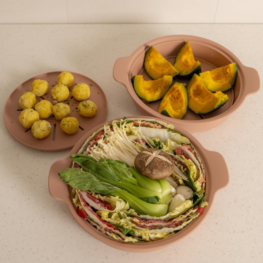 Microwave Silicone Steamer for Baby Food, Made In Korea, Oven & Dishwasher Safe to 482°F, Easy Clean, Microwave Pot with Handle & Lid, 100% Food Grade Steamer Bowl (Creme Brulee, 29oz (850ml) with basket)