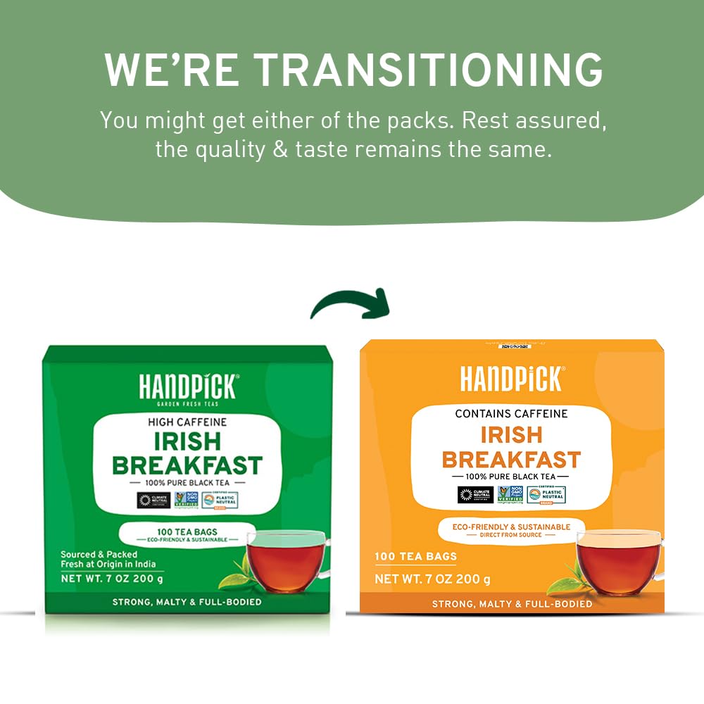 HANDPICK, Irish Breakfast Black Tea Bags (100 Count) Gluten-Free, Non-GMO | Strong, Robust & Bold Flavor | Round Eco-Conscious Tea Bags