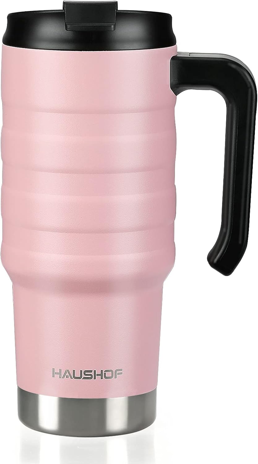HAUSHOF 24 oz Travel Mug, Stainless Double Wall Vacuum Insulated Tumbler with Handle & Spill Proof Twist On Flip Lid and Wide Mouth, BPA Free (Pink)