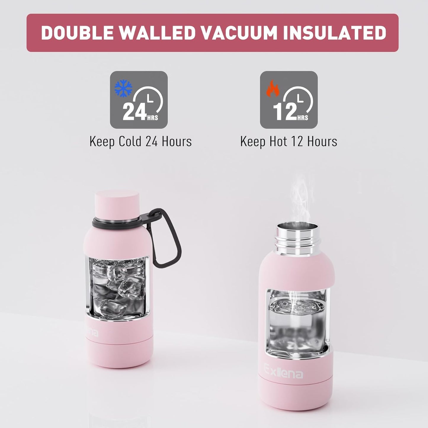 Small Water Bottle 12oz with Clip, Double Wall Stainless Steel Vacuum Small Insulated Water Bottle Keeps Drinks Cold 24 Hrs/Hot 12 Hrs for Kids Handbag School BPA Free (Pink)