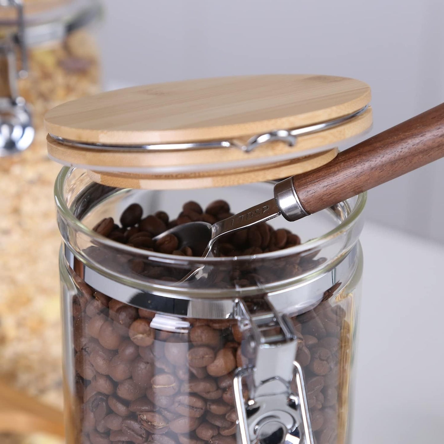 KKC Airtight Tall Glass Coffee Sugar Jar Canisters with Hinged Lids for Countertop,Glass Storage Containers with Scoop for Coffee Grind,Brown Sugar Flour Sealed Glass Jars,54 Fl oz
