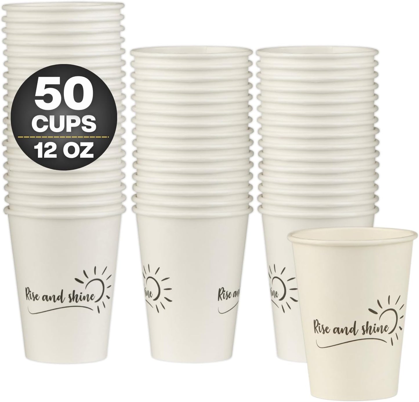 Smygoods Disposable Coffee Cups, To Go Paper Hot Cups, Rise and Shine Design (12 OZ, 50 Count) For Hot Beverages, Coffee, Tea, Espresso, Cocoa - Vasos Para Cafe