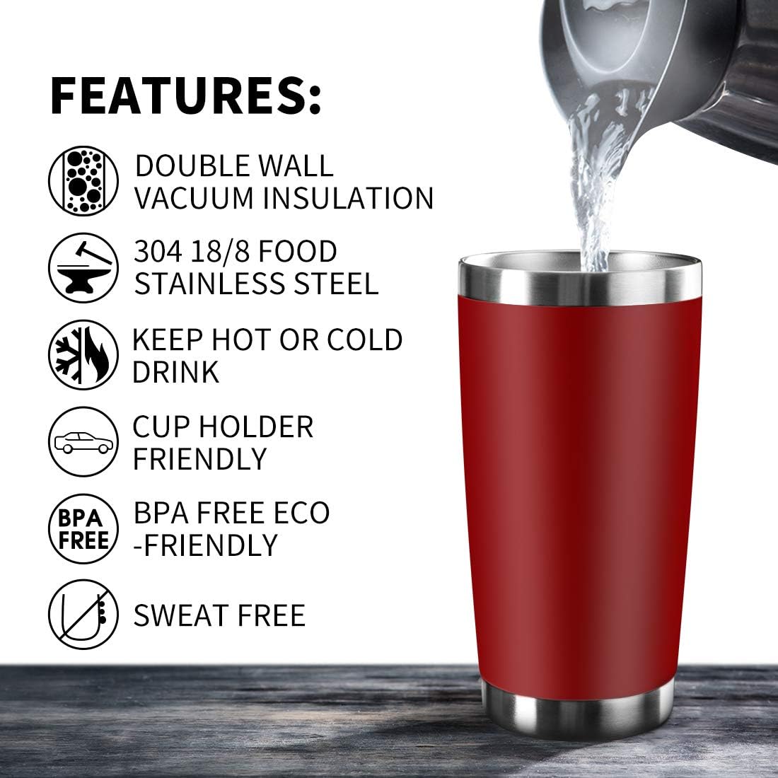 20oz Tumbler Bulk Stainless Steel Vacuum Insulated Tumblers with Lid Double Wall Travel Mug, Durable Powder Coated Coffee Cup, Suitable for Ice Drinks and Hot Beverage (Red 6pack)