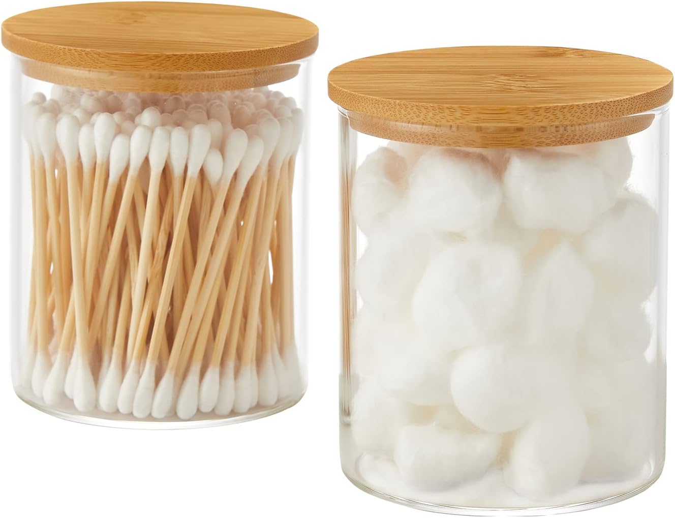 Glass Qtip Holder Dispenser with Bamboo Lid - 2 Pack Apothecary Jars - Cotton Balls Pads Swabs Holder Jar - Bathroom Vanity Canisters Jars for Countertop Storage and Organization