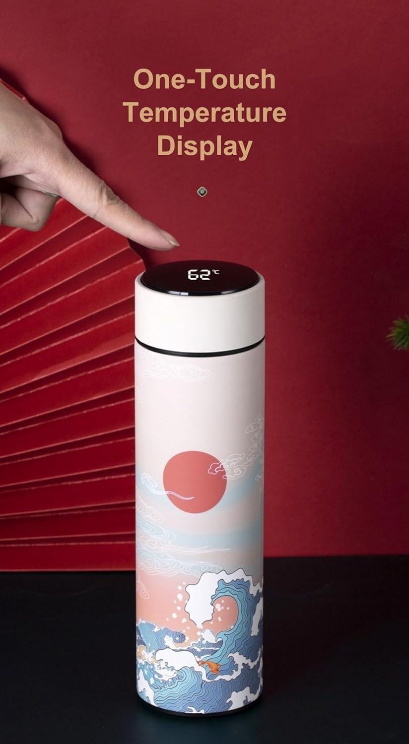 Insulated Coffee Tea Travel Thermos Mug Water Bottle with Removable Strainer and Temperature Featuring Elegant Asian Art Design - 16.9 fl oz (Blue)