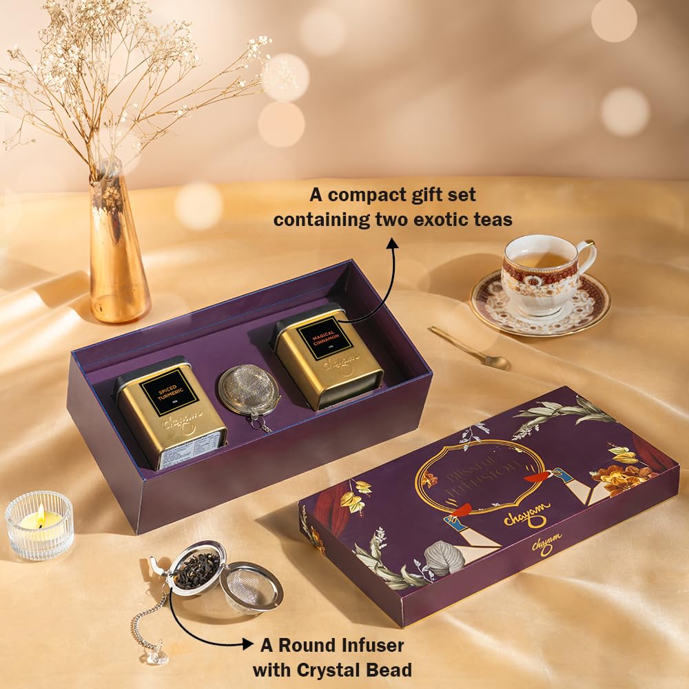 CHAYAM Blissful Infusion – Spiced Turmeric & Magical Cinnamon Wellness Tea Gift Set (2 x 1.76oz) + Infuser | Loose Leaf Black & Green Tea Caddies for Tea Lovers