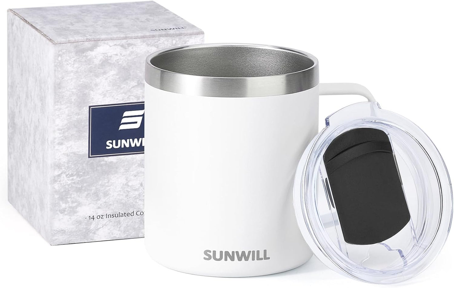 SUNWILL Insulated Coffee Mug with Lid, Travel Tumbler with Handle, 14 oz Stainless Steel Cup for Camping, Office, Home, Powder Coated White