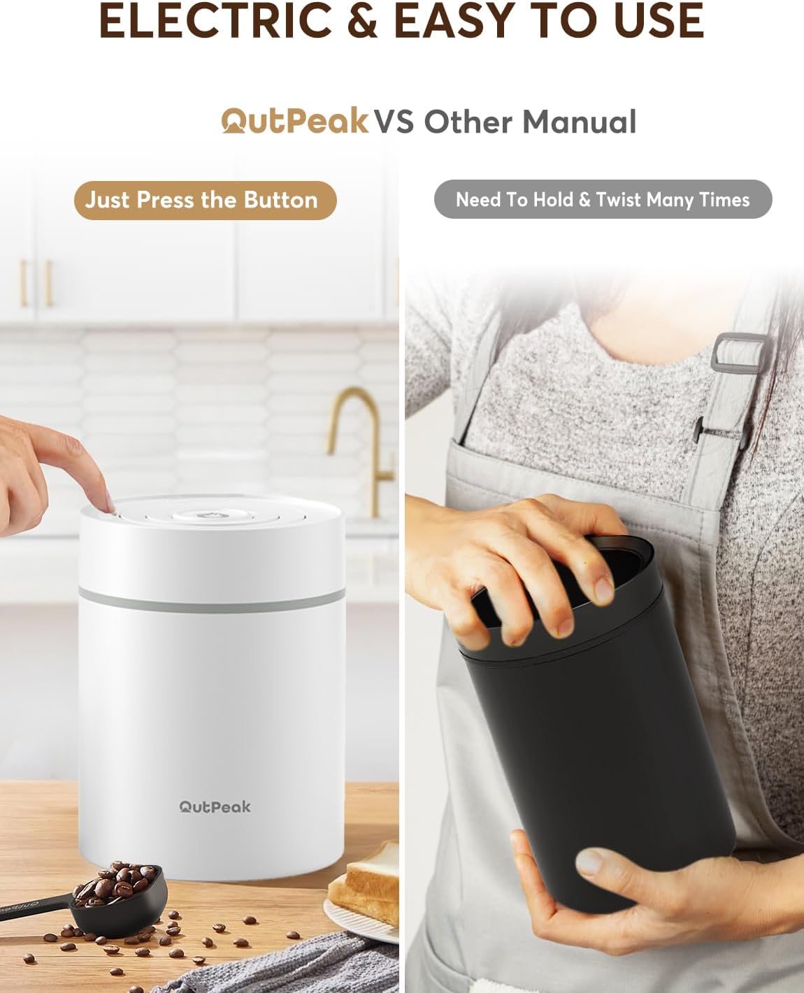 OUTPEAK Neo 2025 Auto Vacuum Coffee Canister, 0.5L for 4.6oz Coffee Beans, One-Button Operation, Small Airtight Coffee Canister with Scoop, Coffee Storage Container Stainless Steel (Champion's Choice)