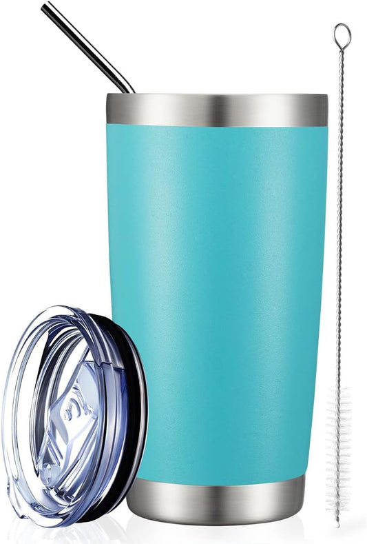 COMOOO 20oz Double Wall Vacuum Insulated Travel Mug, Stainless Steel Tumbler with Lid, Durable Powder Coated Insulated Coffee Cup for Cold & Hot Drinks, Light Blue