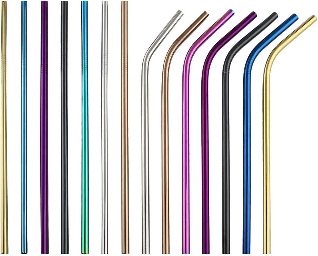 Gugrida Metal Straws Stainless Steel Straws 8.5" Drinking Straws Reusable 4 Set - Ultra Long Muti Color-Cleaning Brush for 20/30 Oz for Trail Tumblers Yeti RTIC SIC Ozark (4 Bent|1 Brush）