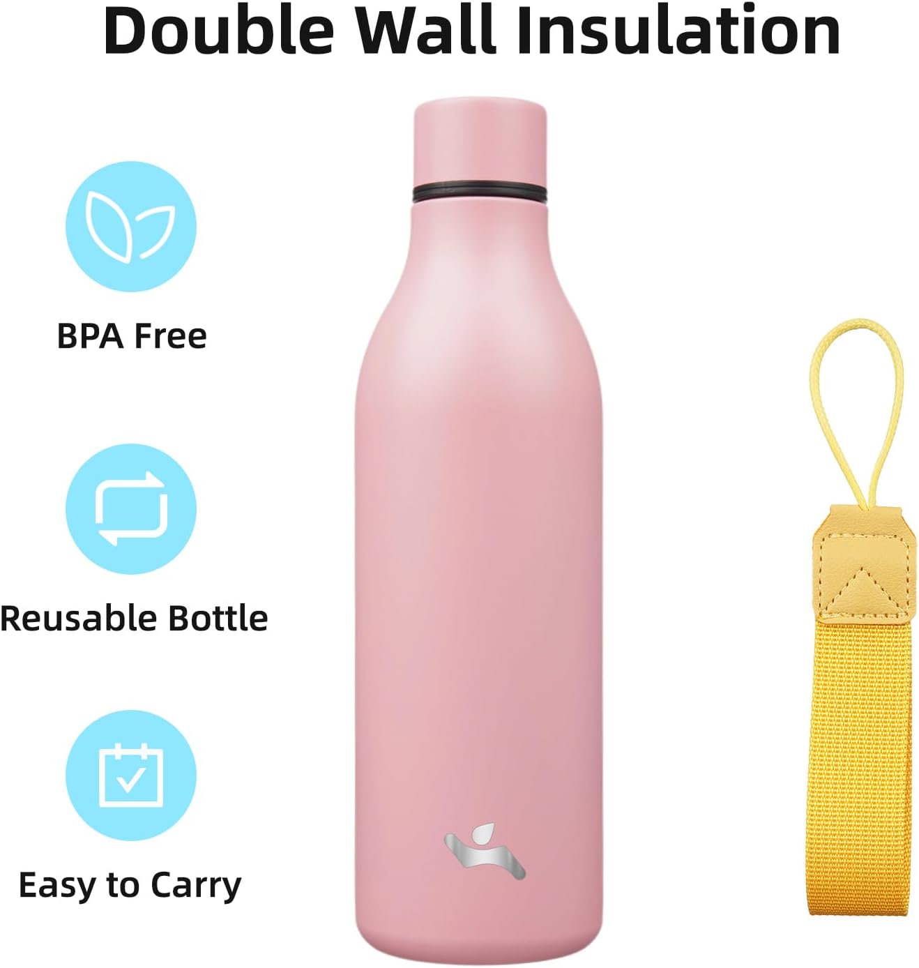 Insulated Water Bottle with Strap,25 oz Double Wall Stainless Steel Vacuum Bottles Metal Water Flask,Light Pink