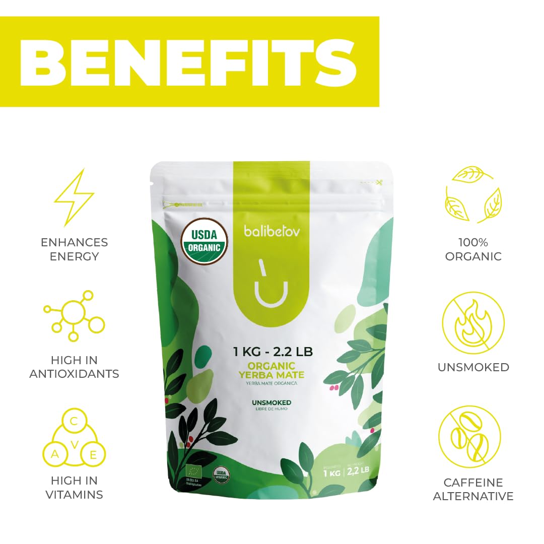 BALIBETOV USDA Organic Yerba Mate Tea Loose Leaf, 2.2. lb. Bag, Natural Traditional Cut, Clean High Energy, Unsmoked Artisanal, Gluten Free, Vegan Friendly, Hot or Cold Drink (2.2 Pounds (Pack of 1), Traditional Cut)