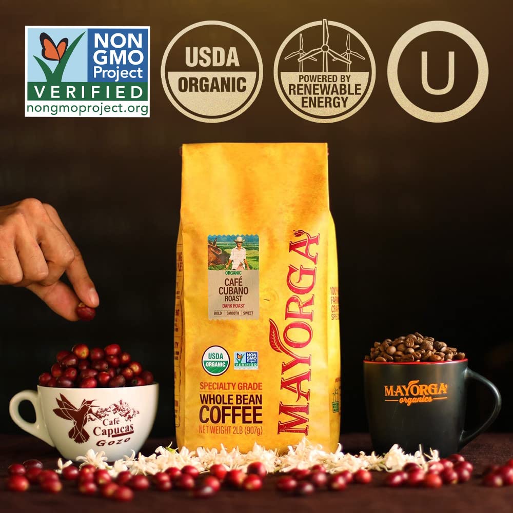 Mayorga Organic Coffee 12oz Cafe Cubano Roast - Dark Roast Whole Bean Coffee Specialty Grade, 100% Arabica, Slow Roasted, Bold and Smooth Flavor with Low Acidity - USDA Organic, Non-GMO, Kosher,