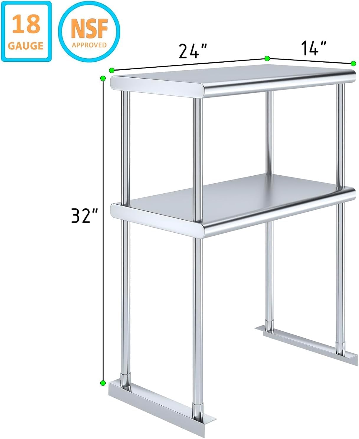 NSF Certified 18 Gauge Heavy Duty Stainless Steel Double overshelf with Brackets for Kitchens, Utility Rooms, Storage, Offices & Home