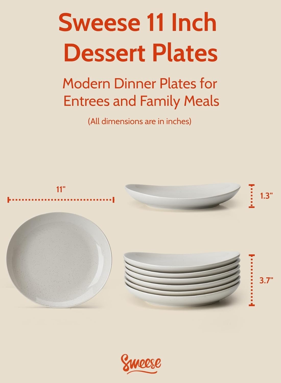 Sweese Porcelain Dinner Plates 11 Inch Set of 6 - Scratch Resistant, Microwave Oven Safe Plates in Grey